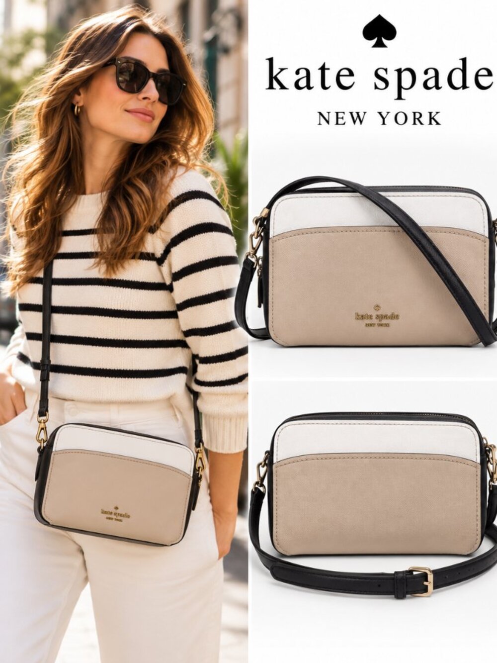 Kate Spade New York Colorblock Beige White Black Crossbody Camera Bag